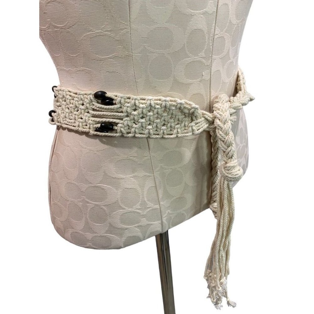 Vintage Boho Macrame Wooden Beaded Tie Belt Women's 56" Length Off White